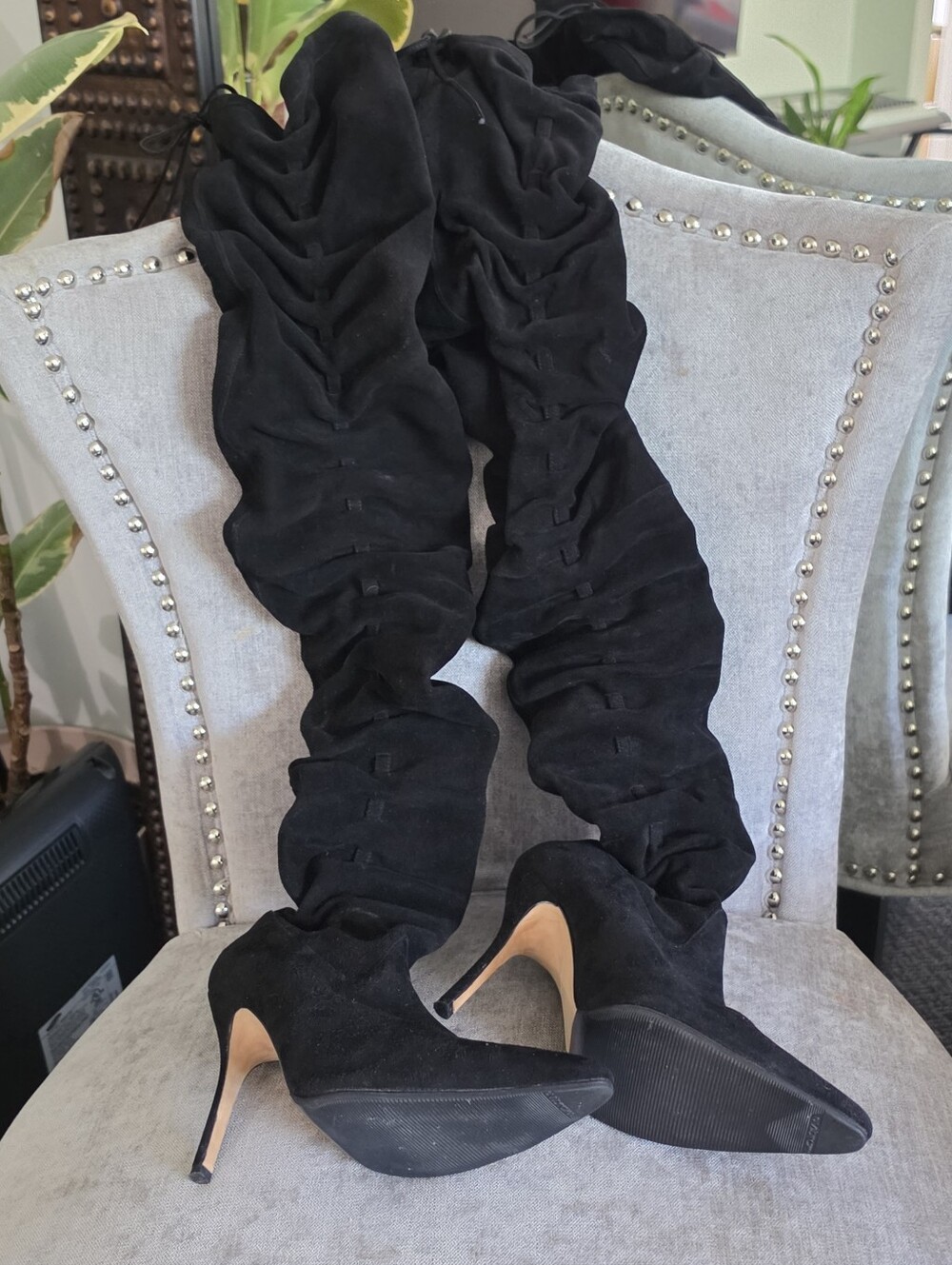 Manolo Blahnik Black Ruched Over-the-Knee Stiletto Boots